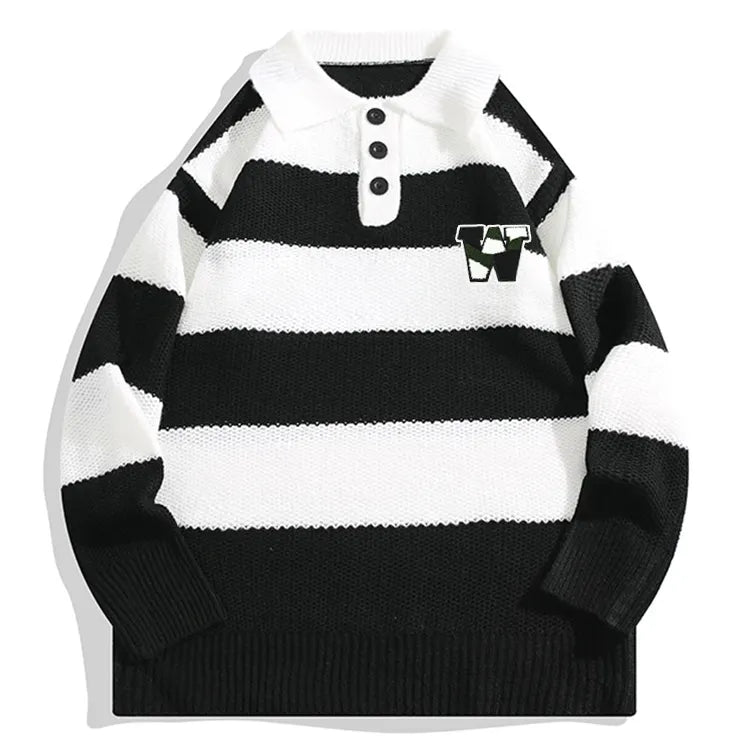 Wimbledon Striped Long Sleeve Sweater - Knitted Polo